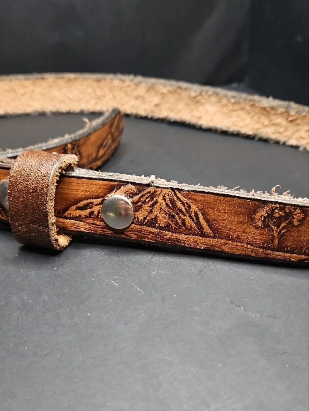 Hand Crafted Brown Leather Kids Belt with Engraved 'HAYDEN' and Scenic Buckle